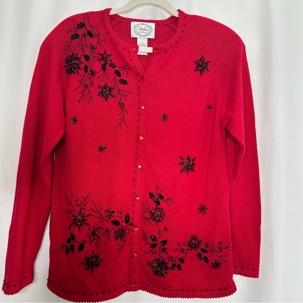 Stitches in Time red cardigan black beads floral embroidery